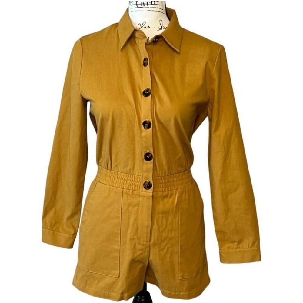Anthro See U Soon Womens Yellow Long Sleeve Shirt Romper sz Small Button